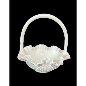 Vintage Fenton Hobnail White Milk Glass Ribbed Basket Crimped Ruffled Top Edges